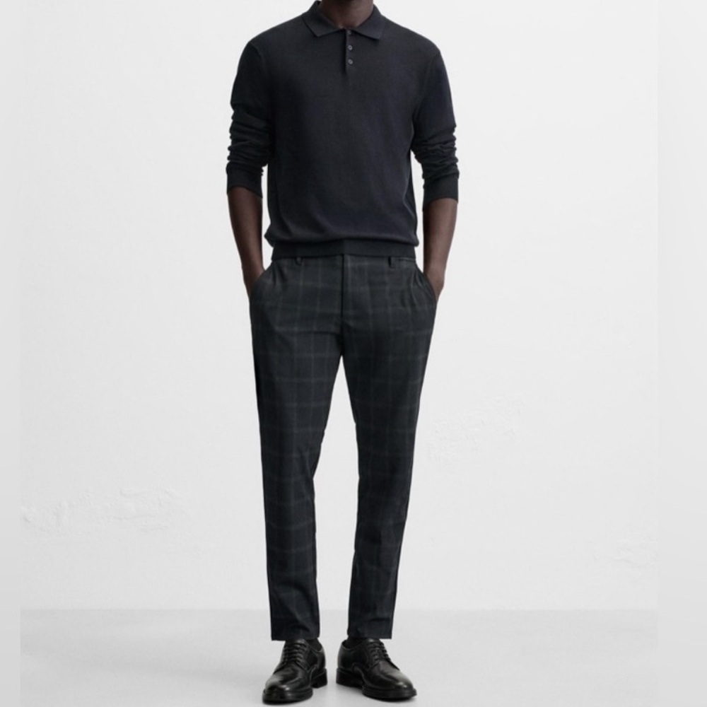 Zara  Slim Fit Comfort Trousers With Elastic Back. Navy blue/Grey check plaid
